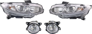 Headlight Assembly Kit for 2016-2020 Honda Civic, Right Passenger and Left Driver, Halogen, 4-Piece with Fog Lights, Replacement