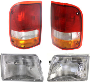 Headlight and Tail Light Assembly for 1993-1997 Ford Ranger, Right Passenger and Left Driver, Halogen, 4-Piece kit, Replacement