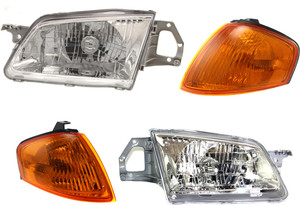 Headlight Assembly for Mazda Protege 1999-2000, Right Passenger and Left Driver, Halogen, 4-Piece Kit with Corner Lights, Replacement