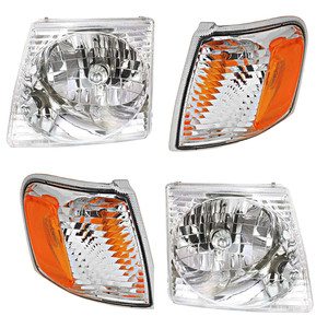Headlight Assembly Kit for Ford Explorer Sport 2001-2003 / Explorer Sport Trac 2001-2005, Right Passenger and Left Driver, with Corner Lights, 4-Piece Kit, Halogen Replacement