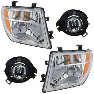 Headlight Assembly Kit for Nissan Frontier 2005-2008 / Pathfinder 2005-2007, Right Passenger and Left Driver, Halogen, 4-Piece Kit, with Fog Lights, Replacement