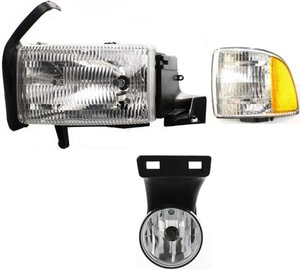 Headlight Assembly Kit for Dodge Full Size Pickup 1999-2002, Left Driver Halogen, 3-Piece Set with Corner Light and Fog Light, Replacement