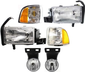 Headlight Assembly Kit for Dodge Full Size Pickup 1999-2002, Right Passenger and Left Driver, Halogen, 6-Piece with Corner and Fog Lights, Replacement