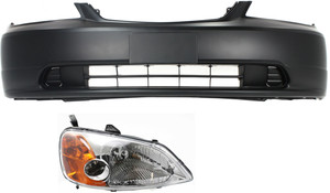 Headlight Assembly Kit for 2001-2003 Honda Civic, Right Passenger Side, 2-Piece Set with Halogen Bulb and Bumper Cover, Replacement