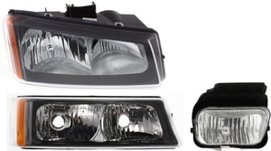 Headlight Assembly Kit for Chevrolet Avalanche 1500/2500 (2003-2006), Right Passenger Side, Halogen, 3-Piece with Fog Light and Turn Signal Light, Replacement