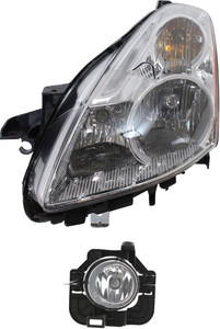 Headlight Assembly for Nissan Altima 2010-2012, Left Driver, Halogen, 2-Piece Kit, with Fog Light, Replacement
