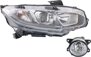 Headlight Assembly for Honda Civic 2016-2020, Right Passenger Side, Halogen, 2-Piece Kit with Fog Light, Replacement