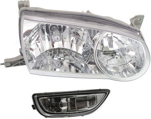 Headlight Assembly with Fog Light for Toyota Corolla 2001-2002, Right Passenger, Halogen, 2-Piece kit, Replacement