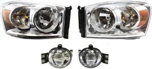 Headlight Assembly for 2006-2009 Dodge Full Size Pickup, Right Passenger and Left Driver, Halogen, 4-Piece kit, with Fog Lights, Replacement