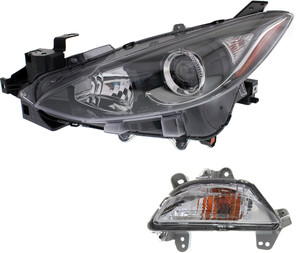 Headlight Assembly for Mazda 3 Sport/Mazda 3 2014-2016, Left Driver Halogen, 2-Piece Kit with Turn Signal Light, Replacement