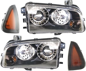 Headlight Kit for 2008-2010 Dodge Charger, Right Passenger and Left Driver Side, without Bulbs, 4-Piece Set, Includes Side Markers, Replacement