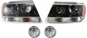 Headlight Assembly Kit for 2004 Jeep Grand Cherokee, Right Passenger and Left Driver, Halogen, 4-Piece Kit with Fog Lights, Replacement