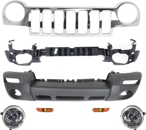 7-Piece Grille Kit for 2002-2003 Jeep Liberty with Bumper Absorber, Bumper Cover, Headlights, Parking Lights Replacement