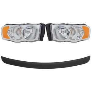 Headlight Assembly Kit for 2002-2005 Dodge Ram 1500, 2003-2005 Ram 2500/3500, Right Passenger and Left Driver, 4-Piece, Halogen, Without Bulb and Wiring Harness for Side Marker Light, with Bumper Trim, Replacement