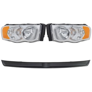 Headlight Assembly Kit for Dodge Ram 1500 (2002-2005) / Ram 2500/3500 (2003-2005) Right Passenger and Left Driver, 4-Piece, Halogen, Without Bulb, Wiring Harness for Side Marker Light, with Bumper Trim, Replacement