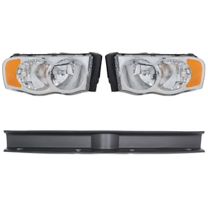 Headlight Assembly Kit for Dodge Ram 1500 (2002-2005) / Ram 2500/3500 (2003-2005), Right Passenger and Left Driver, 3-Piece, Halogen, Without Bulb and Wiring Harness for Side Marker Light, with Bumper Trim, Replacement 