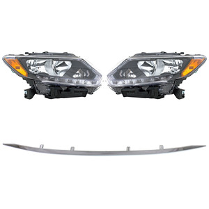 Headlight Assembly for 2014-2016 Nissan Rogue, Right Passenger and Left Driver, 4-Piece kit with Halogen and Bumper Trim, Replacement