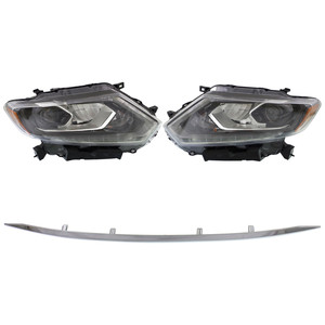 Headlight Assembly Kit for 2014-2016 Nissan Rogue, 4-Piece, includes both Right Passenger and Left Driver LED Headlights without Auto Light Control, with Bumper Trim, Replacement