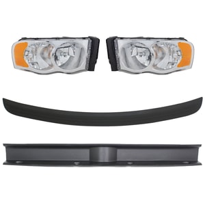 Headlight Assembly Kit for Dodge Ram 1500 (2002-2005) / 2500/3500 (2003-2005), Right Passenger and Left Driver, 5-Piece, Halogen, w/o bulb and wiring harness for side marker light, with Bumper Trim, Replacement