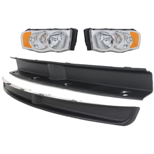 Headlight Assembly Kit for 2003-2005 Dodge Ram Full Size Pickup, Right Passenger and Left Driver, 5-Piece, Halogen, without Bulb and Wiring Harness for Side Marker Light, with Bumper Trim, Replacement