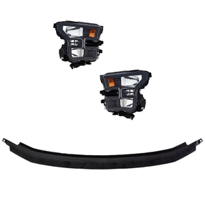 Headlight Kit for Ford F-150 2015-2017, Right Passenger and Left Driver, 4-Piece Set, Lens and Housing, Halogen, with Day Time Running Light, Black Bezel, Includes Bumper Trim, Replacement