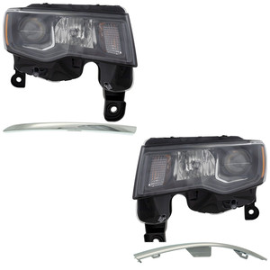 Headlight Assembly Kit for 2017-2021 Jeep Grand Cherokee, Right Passenger and Left Driver, 4-Piece Set with Halogen Bulbs and Bumper Trim, Replacement