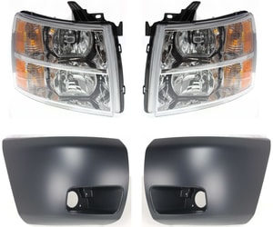 Headlight Assembly for Chevrolet Silverado 1500 2007-2013, Right Passenger and Left Driver, Halogen, 4-Piece kit with Bumper Ends, Replacement