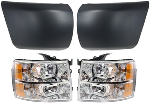 Headlight Assembly for Chevrolet Silverado 1500 (2007-2013) Right Passenger & Left Driver, Halogen, 4-Piece Kit with Bumper Ends, Replacement