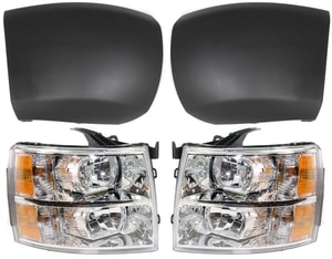 Headlight Assembly for Chevrolet Silverado 1500 (2007-2013), Right Passenger and Left Driver, Halogen, 4-Piece Kit with Bumper Ends Replacement