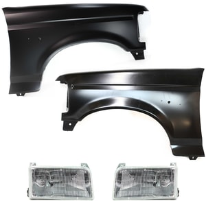 Front Fender Kit for Ford F-Series/F-Super Duty (1992-1997) Right Passenger and Left Driver, Primed (Ready to Paint), 4-Piece with Headlights, Replacement