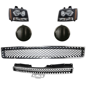 Headlight Assembly Kit for Chevrolet Avalanche 2007-2013, Tahoe 2007-2014, Right Passenger and Left Driver, 6-Piece, Halogen, with Bumper Grille, Fog Light Cover, Grille Assembly, Replacement