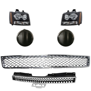 Headlight Assembly Kit for Chevrolet Avalanche 2007-2013, Tahoe 2007-2014, 6-Piece Right Passenger and Left Driver Halogen with Bumper Grille, Fog Light Cover and Grille Assembly Replacement