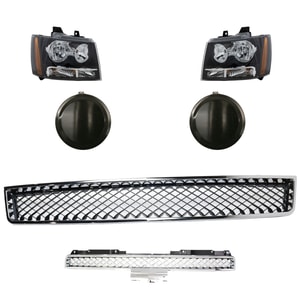 Headlight Assembly Kit for Chevrolet Avalanche 2007-2013 / Tahoe 2007-2014, Right Passenger and Left Driver, 6-Piece Halogen, with Bumper Grille, Fog Light Cover and Grille Assembly, Replacement