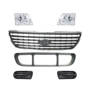 Grille and Bumper Grille Kit for 2002-2005 Ford Explorer with Fog Light Cover and Headlight, 6-Piece, Gray - Replacement