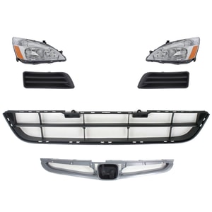 Headlight Assembly Kit for 2006-2007 Honda Accord, Right Passenger and Left Driver, 6-Piece with Halogen, Bumper Grille, Fog Light Cover, and Grille Assembly Replacement