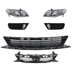 Headlight Kit for 2009-2011 Honda Civic, Right Passenger and Left Driver, 6-Piece with Lens and Housing, Halogen, Bumper Grille, Fog Light Cover and Grille Assembly, Replacement