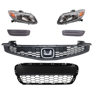 Headlight Assembly Kit for 2012-2012 Honda Civic, Right Passenger and Left Driver, 6-Piece kit, Halogen, with Bumper Grille, Fog Light Cover and Grille Assembly, Replacement