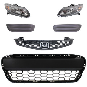 Headlight Assembly for 2013-2013 Honda Civic, Right Passenger and Left Driver, 6-Piece Kit with Bumper Grille, Fog Light Cover, Grille Assembly, Halogen, Replacement