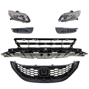 Headlight Assembly Kit for 2013-2015 Honda Civic, Right Passenger and Left Driver, 6-Piece Set with Halogen, includes Bumper Grille, Fog Light Cover and Grille, Replacement