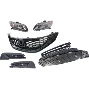 Headlight Assembly Kit for 2013-2015 Honda Civic, Includes Right Passenger and Left Driver Lights, 6-Piece Set with Bumper Grille, Fog Light Cover and Grille, Halogen, Replacement