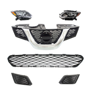 Headlight Assembly Kit for 2014-2015 Nissan Rogue, Halogen, Right Passenger and Left Driver, 6-Piece kit with Bumper Grille, Fog Light Cover, and Grille Assembly Replacement