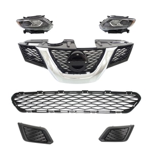 Headlight Assembly Kit for Nissan Rogue 2014-2015 Right Passenger and Left Driver, 6-Piece with LED, Bumper Grille, Fog Light Cover, and Grille Assembly Replacement