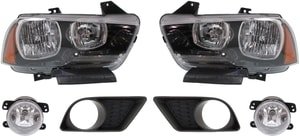 Headlight Assembly for Dodge Charger (2011-2014), Right Passenger and Left Driver, Halogen, 6-Piece kit, Including Fog Light Trims and Fog Lights, Replacement