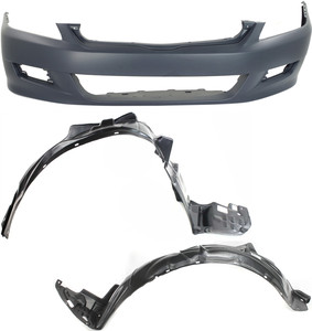 Front Bumper Cover for Honda Accord 2006-2007, 3-Piece Kit with Fender Liner, Coupe, Replacement