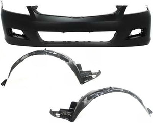 Front Bumper Cover for Honda Accord 2006-2007 Sedan, 3-Piece Kit with Fender Liners, Replacement