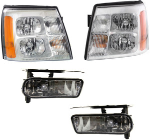 Headlight Assembly Kit for 2002 Cadillac Escalade/Escalade EXT, Right Passenger and Left Driver, Halogen, 4-Piece Set with Fog Lights, Replacement