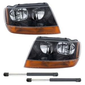 Headlight Assembly for Jeep Grand Cherokee 1999-2004, Right Passenger and Left Driver, Halogen, 4-Piece Kit with Lift Supports, Replacement