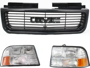 Headlight Assembly Kit for GMC Jimmy (1998-2005), Sonoma (1998-2004) Right Passenger & Left Driver, 3-Piece Halogen Light with Grille Assembly, Replacement