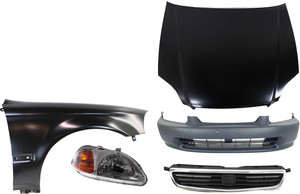 5-Piece Kit Hood Panel for 1996-1998 Honda Civic Sedan with Replacement Bumper Cover, Fender, Grille Assembly, and Headlight