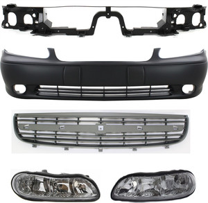 Front Bumper Cover Kit for 2000-2003 Chevrolet Malibu/2004-2005 Classic, 5-Piece Set with Grille Assembly, Header Panel and Headlights, Replacement